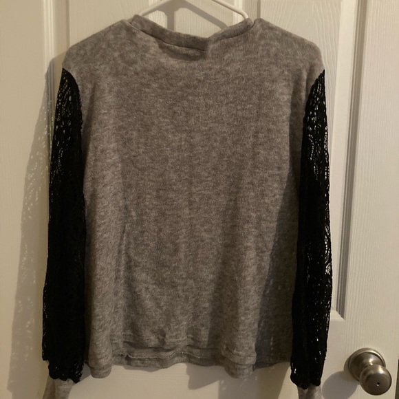 NWOT gray sweater, lace black sleeves - Picture 3 of 3